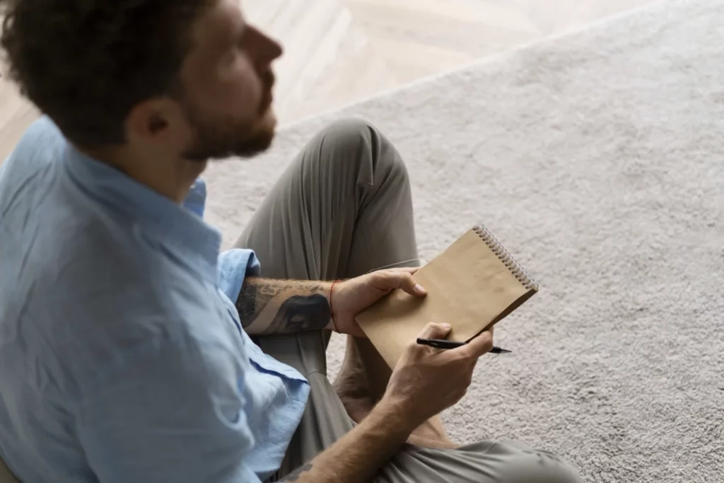 man sitting on the house floor with a notebook and considering ideas for writing 