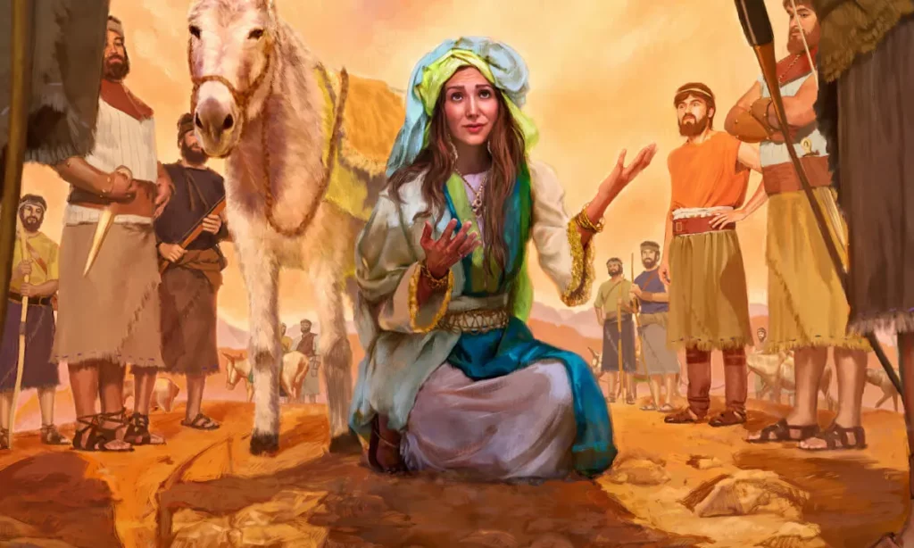 Abigail in the bible begs on her knees surrounded by men and horse